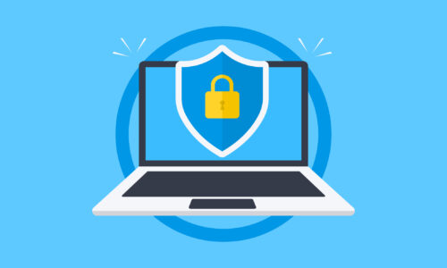 Shield with lock on laptop. Concept with data protection for computer vector illustration.