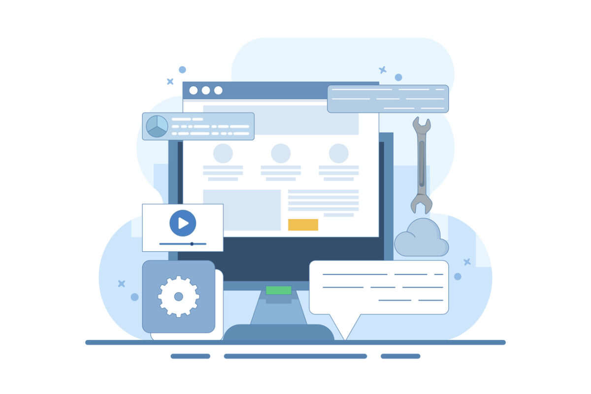 Content management system concept, website CMS, CMS development. Software used to create, manage and publish digital content. Vector illustration with icons on the background.